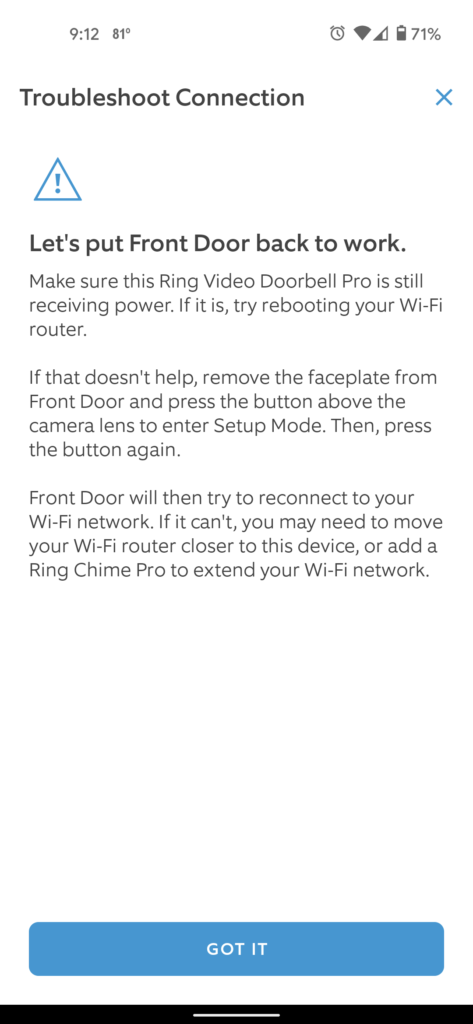 Ring App troubleshoot connection setup mode